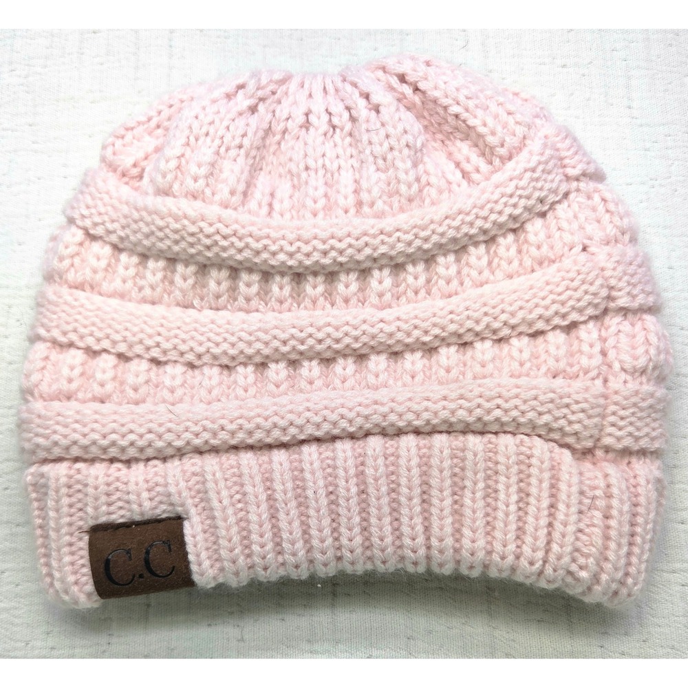 C.C. Beanie Womens Light Pink Cable Knit Acrylic Winter Hat Logo Patch